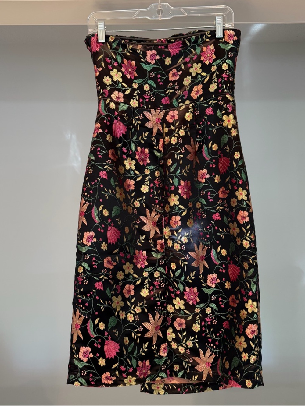 Lulu’s Make a Move Black Satin Floral Jacquard Strapless Midi Dress - Picture 4 of 7